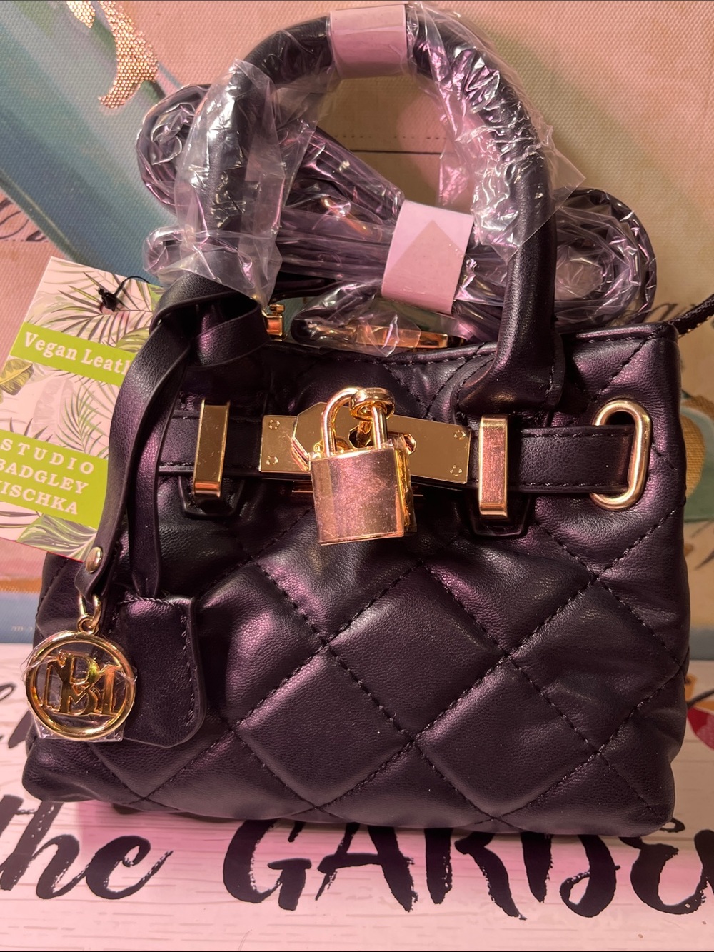 Badgley Mischka Black Quilted Mini Satchel with Gold Hardware